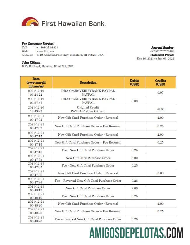 Exemplo de primeiro extrato bancário havaiano do Havaí
